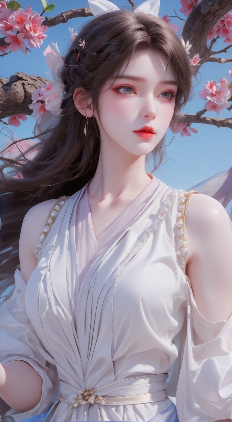 An animated image of a woman in a white dress with long brown hair. The woman is holding a blue sword in her right hand. The dress she is wearing is white with long white pearls strung across her left shoulder. She is wearing a white bow on her head. Her hair is pulled back in a ponytail that is blowing in the wind. There is a tree branch with pink flowers on it behind the woman. The tree branch has green leaves on it.