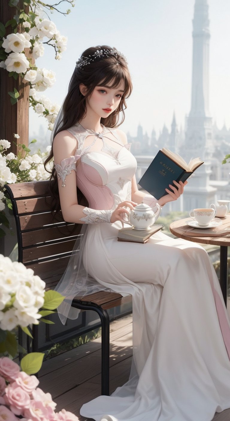 a woman in a pink dress, adorned with a veil and a flower, is seated on a wooden bench reading a book. The woman's hair is cascading down her shoulders, adding a touch of beauty to the scene. The backdrop is a vibrant array of white flowers, adding depth to the composition. To the right of the woman, a white vase with white flowers and a white teapot is sitting on a table. The table is adorned with two small books, adding to the overall composition of the image.