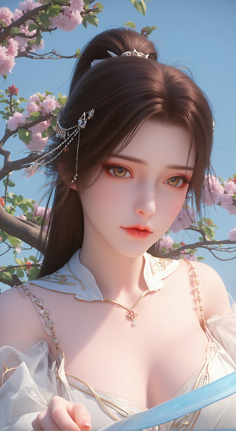 An animated image of a woman in a white dress with long brown hair. The woman is holding a blue sword in her right hand. The dress she is wearing is white with long white pearls strung across her left shoulder. She is wearing a white bow on her head. Her hair is pulled back in a ponytail that is blowing in the wind. There is a tree branch with pink flowers on it behind the woman. The tree branch has green leaves on it.