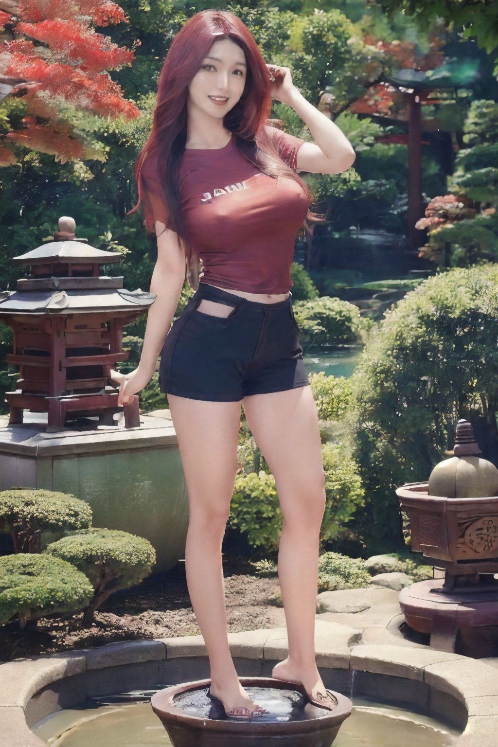 photorealistic, masterpiece, best quality, raw photo, 1girl, solo, long hair, dark red hair, detailed face, alluring face, short t-shirt, large breasts, full body, opan smile, dynamic pose, looking at viewer, detailed background, japanese bonzai garden with fountain