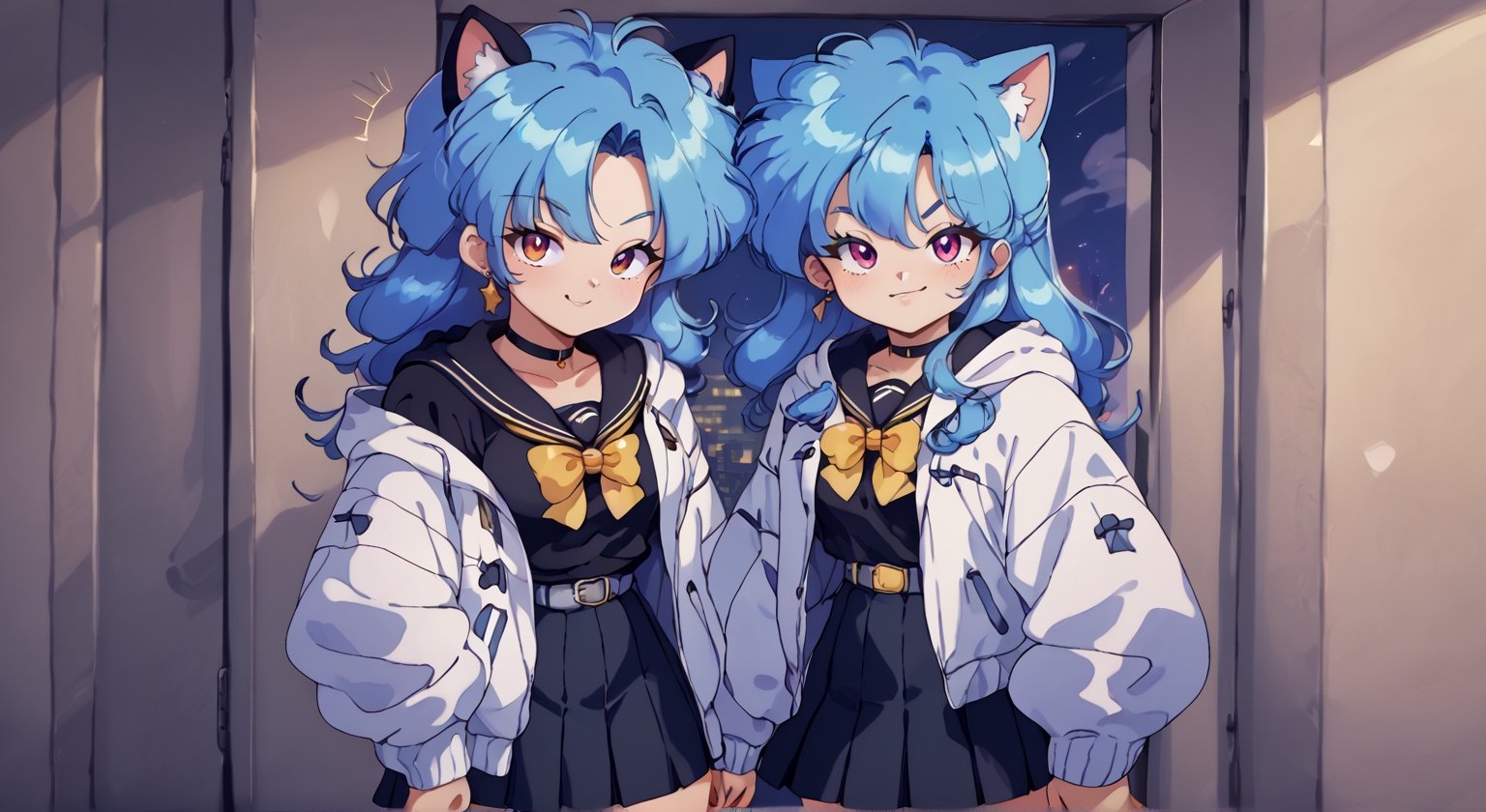 vum, score_9, score_8_up, score_7_up, 1girl, solo, solo foucs, SuiseiSchool, long hair, blue hair, black serafuku, black shirt, black choker, yellow bowtie, grey belt, black skirt, white jacket, hood up, cat hood, open jacket, smile, indoor

