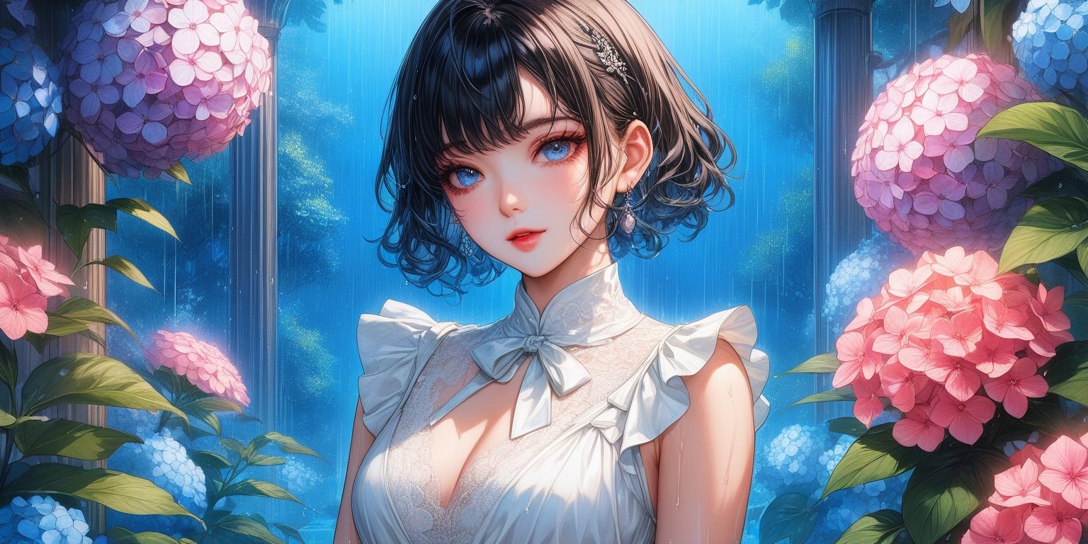 A stunning young woman dressed in modern-style attire, modernism,(Anime Illustration:1.4), white lace dress, bracelets, (masterpiece, top quality, best quality, official art, beautiful and aesthetic:1.2), (japanese girl), black hair, wet, plants, pink flower, (hydrangea, blue flower),(rain:1.2), (lights reflection),outdoors, portrait, extreme detailed, (fractal art:1.3), highest detailed, depth of field,amazing quality