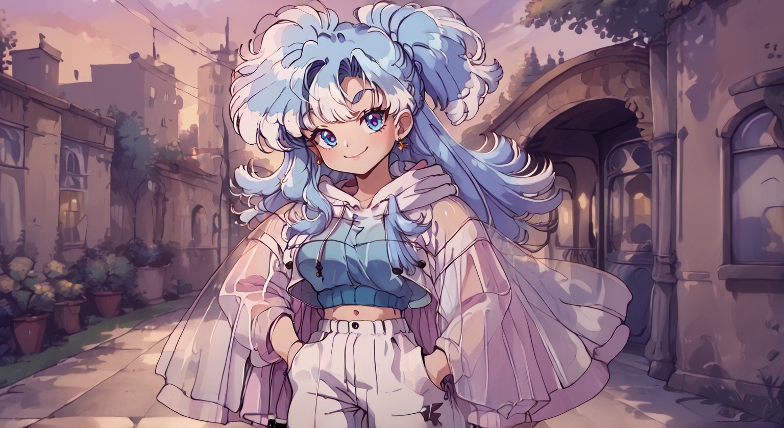 vum, score_9, score_8_up, score_7_up, 1girl, source_anime, 1girl, solo, KoboBase, blue eyes, long hair, blue hair, colored tips, white hair, earrings, white jacket, raincoat, see-through, cropped hoodie, drawstring, white pants, Hand on Pocket, smile, outdoors. vintage