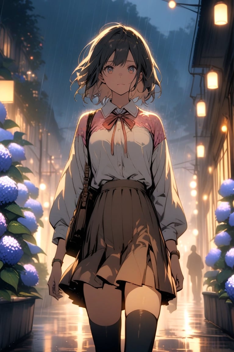 masterpiece, best quality, Makoto Shinkai, 1girl, shirt,neck ribbon,brown skirt,thighhighs, solo focus,plants, pink flower, (hydrangea, blue flower),(rain:1.2), (lights reflection),outdoors, very aesthetic,official art