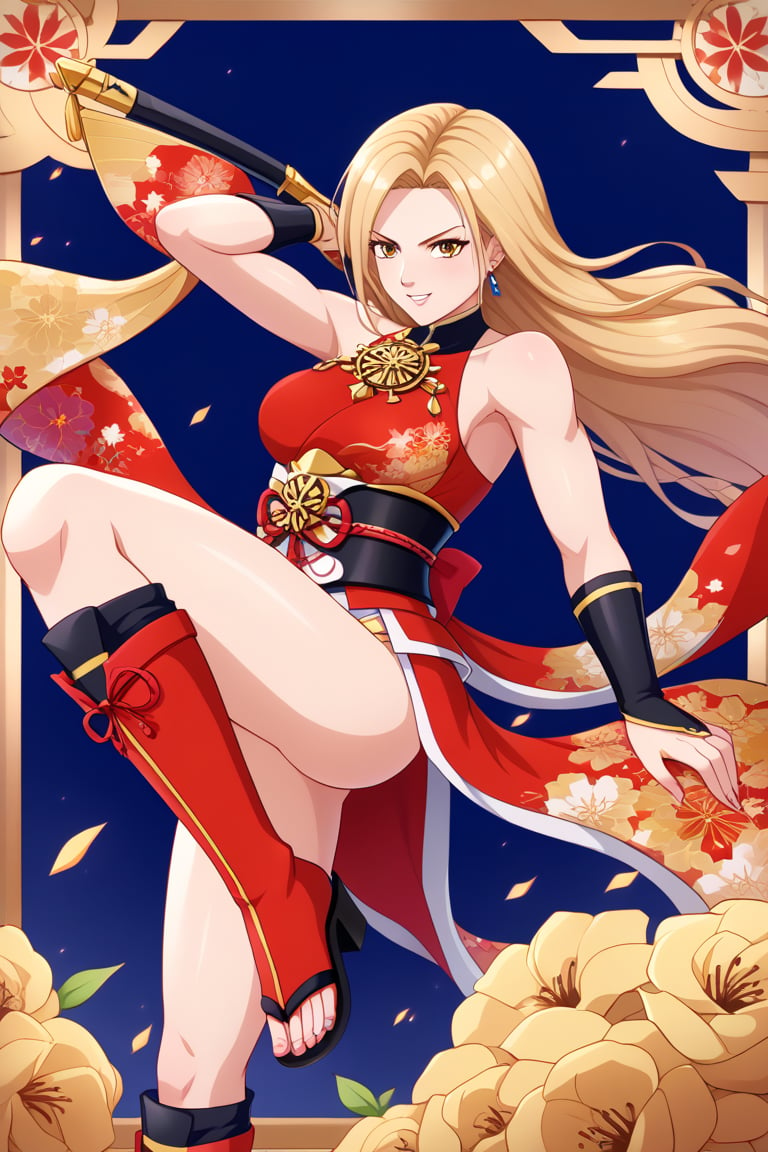 A character based on Kisara from Tales of Arise wearing a traditional Japanese-inspired outfit. She has long, flowing blonde hair with a confident expression, similar to her original style. The outfit is a fusion of floral kimono patterns and samurai armor, featuring a sleeveless top with intricate red detailing and gold accents. The character wears knee-high boots with red sandals, and her look combines elegance and battle-readiness, exuding strength and determination. The color scheme balances reds, golds, and floral designs, with a modern yet traditional aesthetic. in a combat stance, leaping to attack.