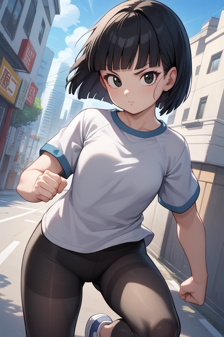 score_9, score_8_up, score_7_up, source_anime, pan, 1girl, solo, black eyes, black hair, short hair, bob cut, blunt bangs, t-shirt, grey shirt, white shirt, raglan sleeves, short sleeves, black leggings, outdoors, cityscape, looking at viewer, streets, leg up, leg half raised, fighting stance, cowboy shot, dutch angle,