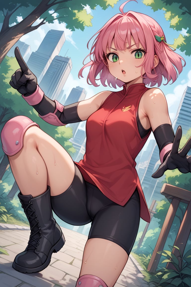 score_9, score_8_up, score_7_up, source_anime, 1 girl, Pan, bike shorts under miniskirt, pink miniskirt with slit, red shirt, sleeveless, pink elbow pads, black gloves, pink hair, medium hair, green eyes, black boots, sweating, in a forest, , outdoors, cityscape, looking at viewer, streets, leg up, leg half raised, fighting stance, cowboy shot, dutch angle