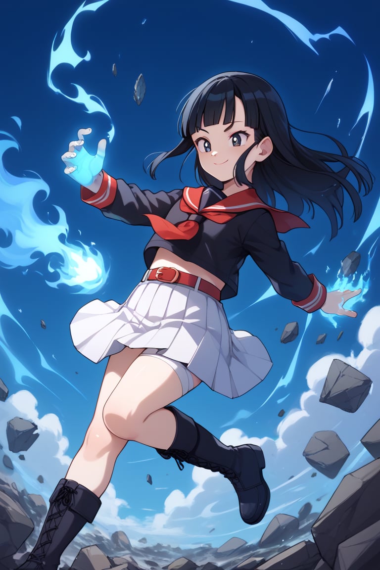 score_9,score_8_up,score_7_up,score_6_up,score_5_up,score_4_up,source_anime,pan,smile,closed mouth,long hair,blunt bangs,black hair,black eyes,red belt,,black shirt,long sleeves,sailor collar,school uniform,serafuku,white skirt,tomoeda school uniform,white buruma,thigh bandage,black boots,dark blue sky,large clouds,debris,debris in the air,glowing,glowing eyes,aura,blue energy,aura,juho shoshiken jutsu,blue energy on hands,blue fire,blue fire on hands,flaming eyes:0.8,RageModeV4XL,flaming eyes,eye trail