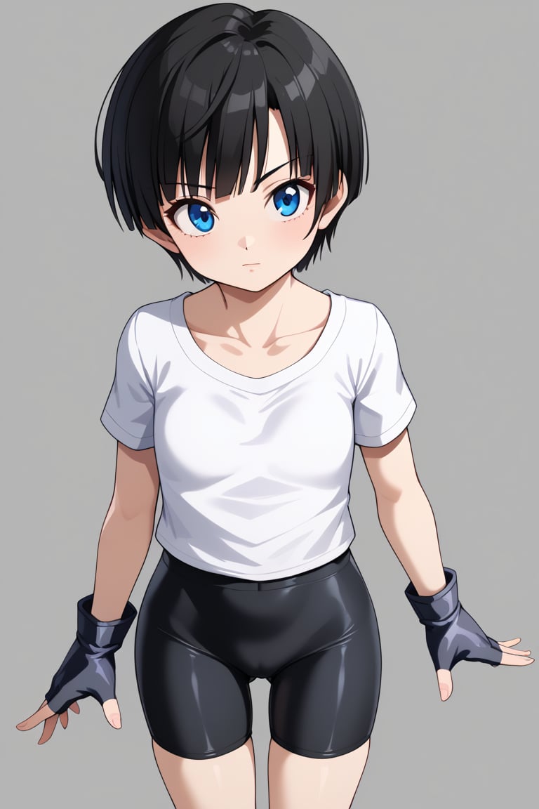 VidelShortHair, black hair, 1girl, blue eyes, fingerless gloves, short hair, white shirt, black gloves, bike shorts, collarbone