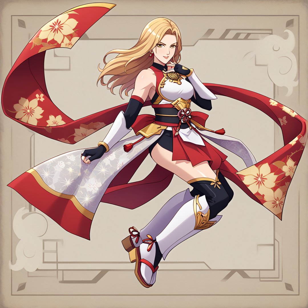 A character based on Kisara from Tales of Arise wearing a traditional Japanese-inspired outfit. She has long, flowing blonde hair with a confident expression, similar to her original style. The outfit is a fusion of floral kimono patterns and samurai armor, featuring a sleeveless top with intricate red accents and gold details. The character wears thigh-high boots with red sandals, and her look combines elegance and battle readiness. She holds a large, ornate shield and a mace, exuding strength and determination. The color scheme balances reds, golds, and floral designs, with a modern yet traditional aesthetic.