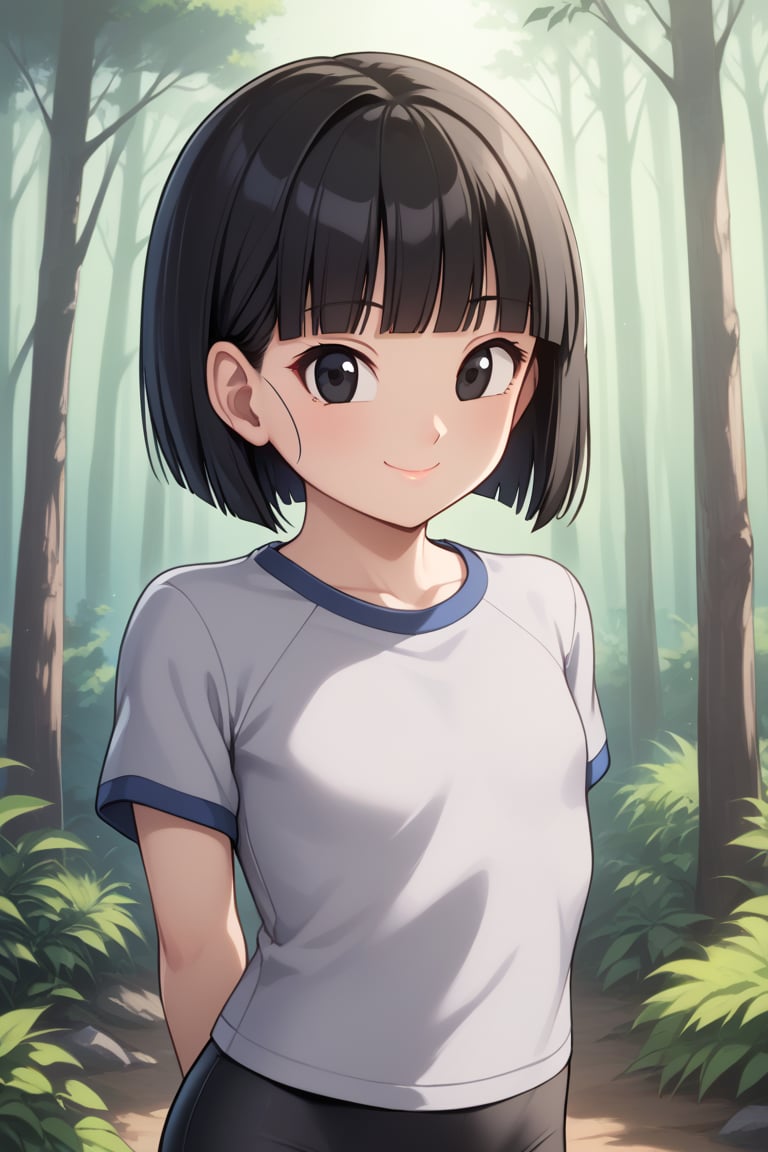 pan, 1girl, solo, black eyes, black hair, short hair, bob cut, blunt bangs,t-shirt, grey shirt, white shirt, raglan sleeves, short sleeves, black leggings,smile,closed mouth,cowboy shot,upper body,standing,hands behind back,forest,outdoor,(insanely detailed, beautiful detailed face, masterpiece, best quality) cinematic lighting,, 