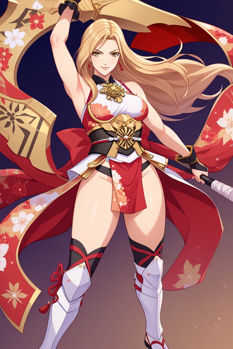 A character based on Kisara from Tales of Arise wearing a traditional Japanese-inspired outfit. She has long, flowing blonde hair with a confident expression, similar to her original style. The outfit is a fusion of floral kimono patterns and samurai armor, featuring a sleeveless top with intricate red accents and gold details. The character wears thigh-high boots with red sandals, and her look combines elegance and battle readiness. She holds a large, ornate shield and a mace, exuding strength and determination. The color scheme balances reds, golds, and floral designs, with a modern yet traditional aesthetic.