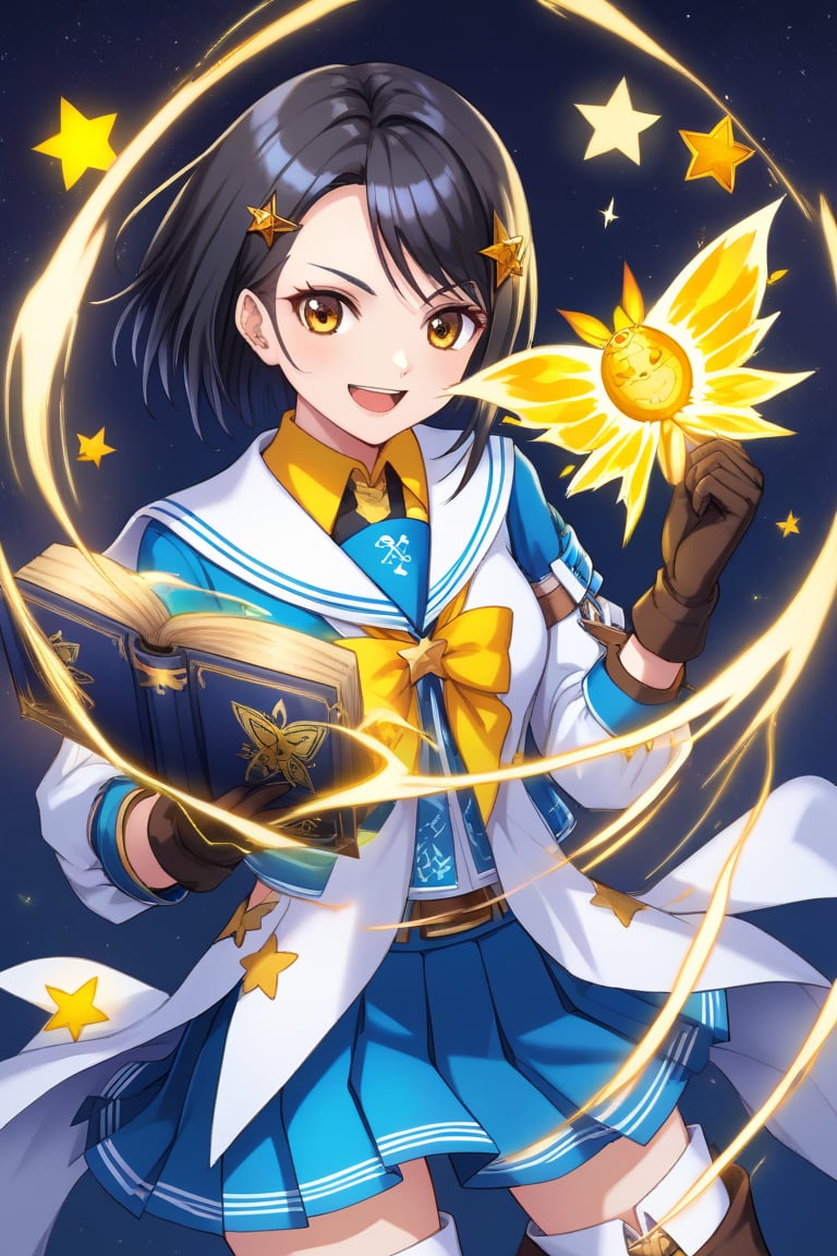 Create an anime-style illustration of Rinwell from Tales of Arise, but instead of her usual outfit, she is wearing the school uniform of Sakura Kinomoto from Cardcaptor Sakura. Rinwell has short black hair with a side-swept fringe and a yellow star-shaped hairpin. Her expression is confident and slightly playful, holding an open magic book in one hand.

She retains her original blue thigh-high boots adorned with yellow stars, and the matching black gloves. However, the rest of her outfit is replaced with the Tomoeda Elementary school uniform, consisting of:

A black, long-sleeved shirt with a sailor-style collar, adorned with white and red stripes.
A white scarf tied at the front, completing the look.
A white pleated skirt that matches the traditional serafuku style.
The overall color scheme combines the dark tones of the uniform with the blue and yellow accents from Rinwell's boots and gloves.
The background is a soft pastel, with gentle, warm colors to evoke a sense of magic and school life combined."