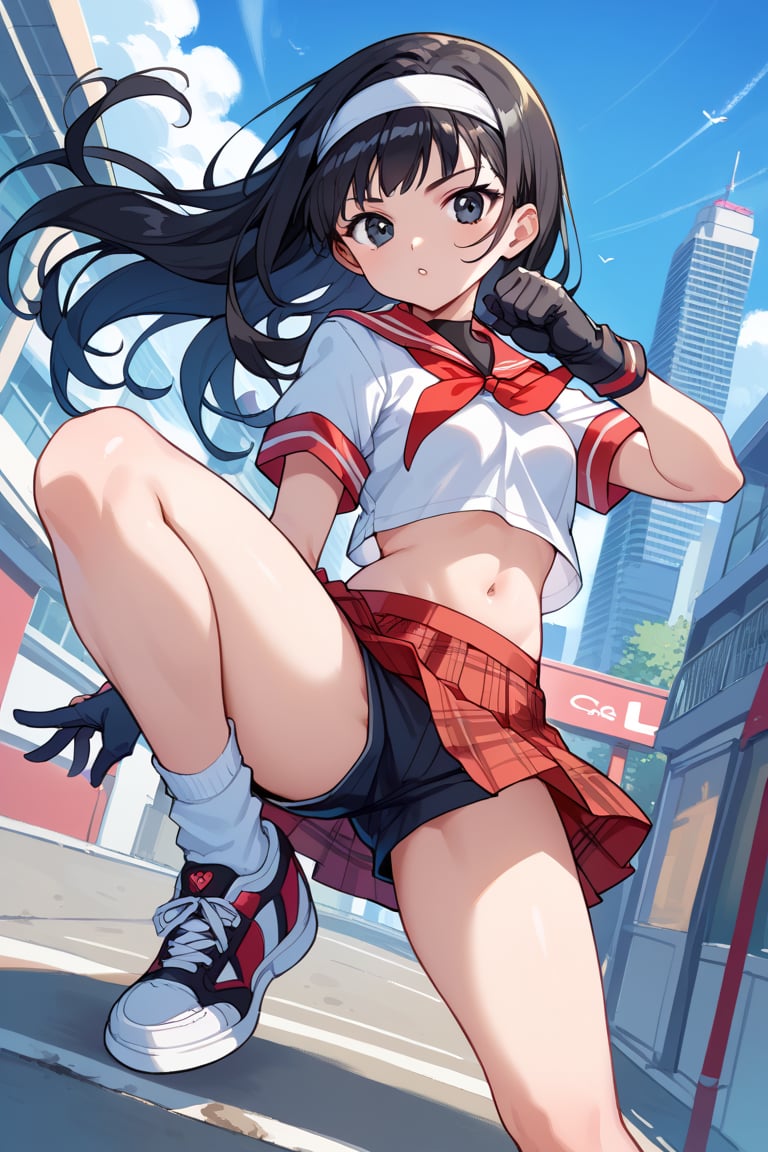 score_9, score_8_up, score_7_up, source_anime, 1 girl, Pan, black hair, long hair, black eyes, ankle socks, red plaid skirt, crop top, headband, belly, miniskirt, belly button, school uniform, shoes, short sleeves, skirt, sneakers, socks, belly, shirt, red shirt, white headband, gloves, black gloves, black shorts, outdoors, cityscape, looking at viewer, streets, leg up, leg half raised, fighting stance, cowboy shot, dutch angle,