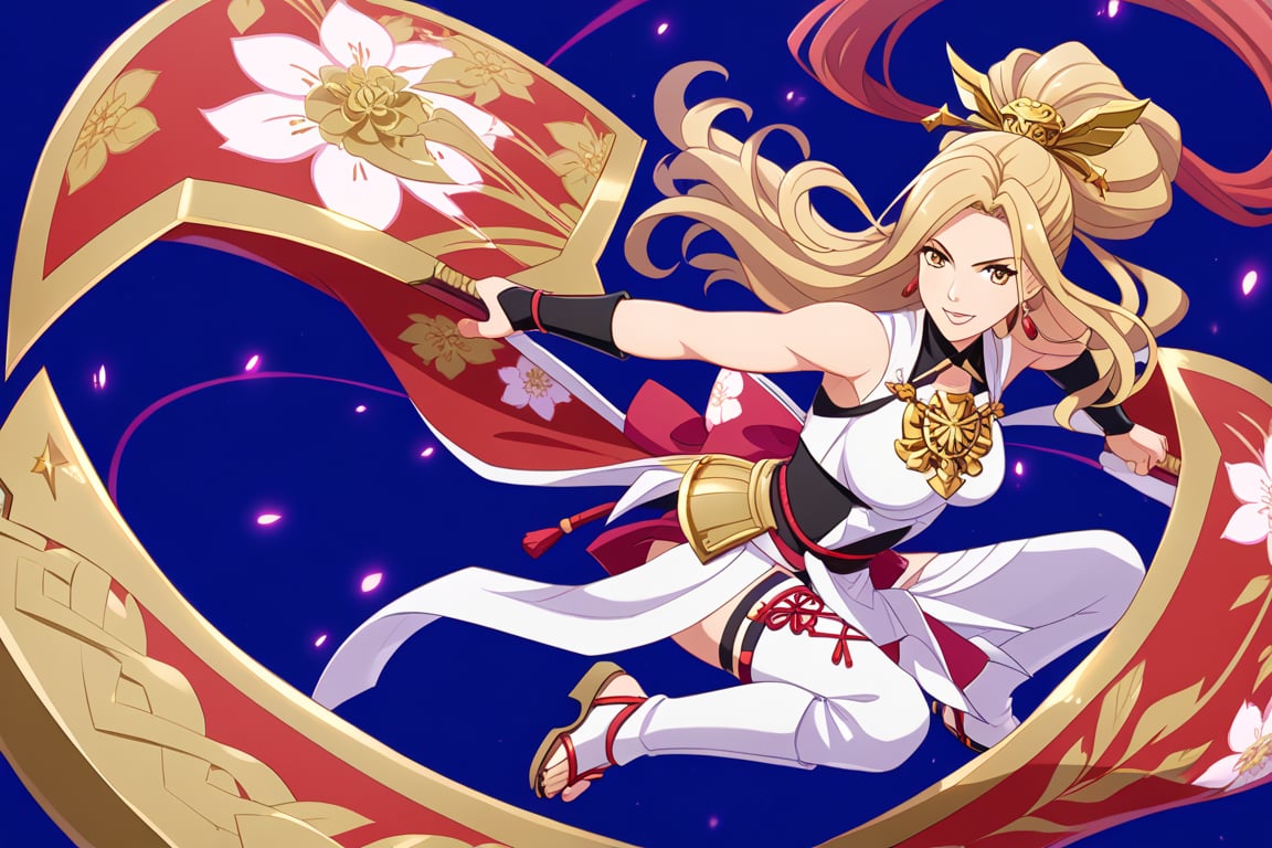 A character based on Kisara from Tales of Arise wearing a traditional Japanese-inspired outfit. She has long, flowing blonde hair with a confident expression, similar to her original style. The outfit is a fusion of floral kimono patterns and samurai armor, featuring a sleeveless top with intricate red accents and gold details. The character wears thigh-high boots with red sandals, and her look combines elegance and battle readiness. She holds a large, ornate shield and a mace, exuding strength and determination. The color scheme balances reds, golds, and floral designs, with a modern yet traditional aesthetic.