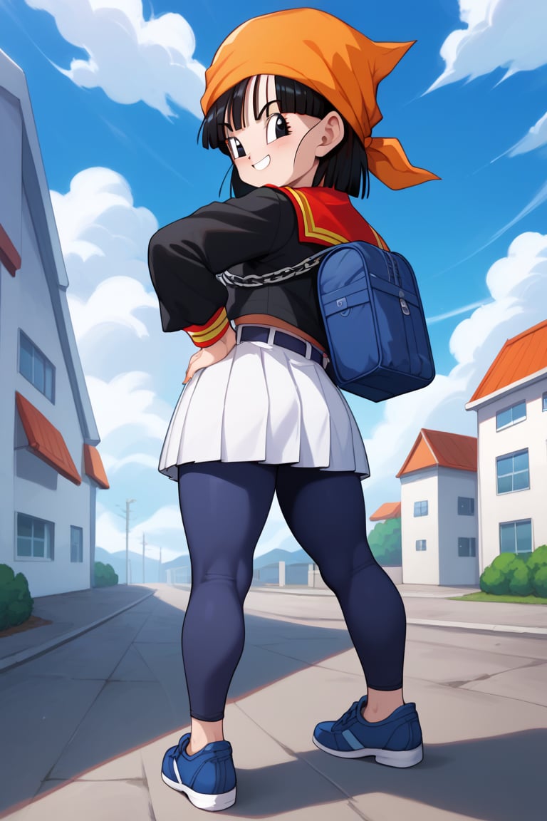 urce_anime, score_9, score_8_up, score_7_up, anime screenshot, 8k, absurd resolution, pan \(dragon ball\), 1 girl, solo, looking at viewer, smile, 1 girl, pan, black hair, medium hair, black eyes, black shirt, long sleeves, sailor collar, school uniform, serafuku, white skirt, tomoeda school uniform, blue buruma,, blue bag, from behind, black eyes, blue sky, hand on hip, chain, backpack, cloudy sky, jeans, building, red shirt, hands on waist, orange bandana, female child, blue shoes, closed hands, belt, bangs, nails, purple leggings, v-shaped eyebrows, sneakers