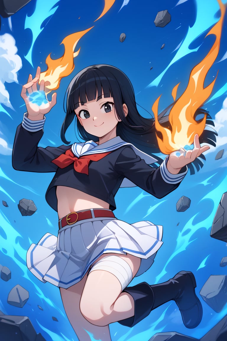 score_9,score_8_up,score_7_up,score_6_up,score_5_up,score_4_up,source_anime,pan,smile,closed mouth,long hair,blunt bangs,black hair,black eyes,red belt,,black shirt,long sleeves,sailor collar,school uniform,serafuku,white skirt,tomoeda school uniform,white buruma,thigh bandage,black boots,dark blue sky,large clouds,debris,debris in the air,glowing,glowing eyes,aura,blue energy,aura,juho shoshiken jutsu,blue energy on hands,blue fire,blue fire on hands,flaming eyes:0.8,RageModeV4XL,flaming eyes,eye trail