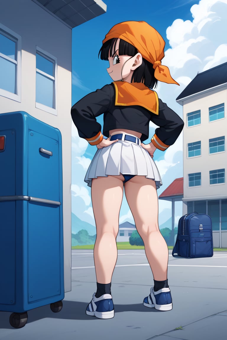 source_anime, score_9, score_8_up, score_7_up, anime screenshot, 8k, absurd resolution, pan \(dragon ball\), 1 girl, solo, looking at viewer, smile, 1 girl, pan, black hair, medium hair, black eyes, black shirt, long sleeves, sailor collar, school uniform, serafuku, white skirt, tomoeda school uniform, blue buruma, blue bag, from behind, black eyes, blue sky, hand on hip, backpack, cloudy sky, building, hands on waist, orange bandana, female child, blue shoes, closed hands, belt, bangs, nails, v-shaped eyebrows, sneakers