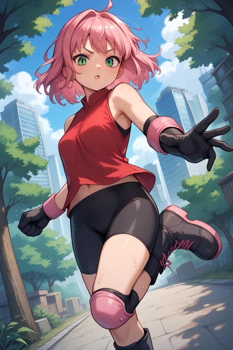 score_9, score_8_up, score_7_up, source_anime, 1 girl, Pan, bike shorts under miniskirt, pink miniskirt with slit, red shirt, sleeveless, pink elbow pads, black gloves, pink hair, medium hair, green eyes, black boots, sweating, in a forest, , outdoors, cityscape, looking at viewer, streets, leg up, leg half raised, fighting stance, cowboy shot, dutch angle