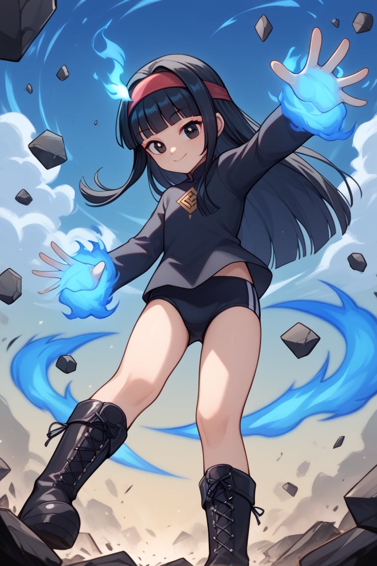 score_9,score_8_up,score_7_up,score_6_up,score_5_up,score_4_up,source_anime,pan,smile,closed mouth,long hair,blunt bangs,black hair,black eyes,red headband,black shirt,long sleeves,tight shirt,black buruma,thigh bandage,black boots,dark blue sky,big clouds,debris,debris in the air,glowing,glowing eyes,aura,blue energy,aura,juho shoshiken jutsu,blue energy in hands,blue fire,blue fire in hands,flaming eyes:0.8,RageModeV4XL,flaming eyes,eye trail