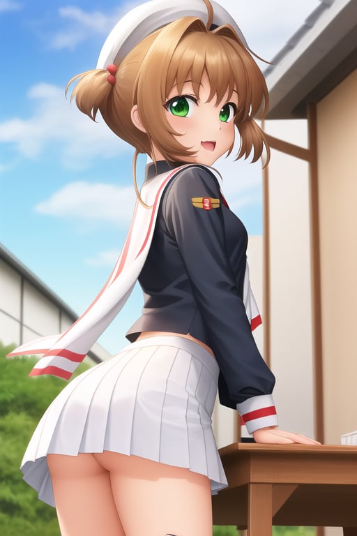 score_9, score_8_up, score_7_up, score_6_up, score_5_up, score_4_up, BREAK, source_anime,1girl, kinomoto sakura, antenna hair, brown hair, short hair, hair scrunchies, green eyes, black shirt, long sleeves, scarf, sailor collar, school uniform, serafuku, white skirt, tomoeda elementary school uniform, from behind, sticking her ass out, sexy pose, looking at viewer, solo, outdoors, blue sky, park background 