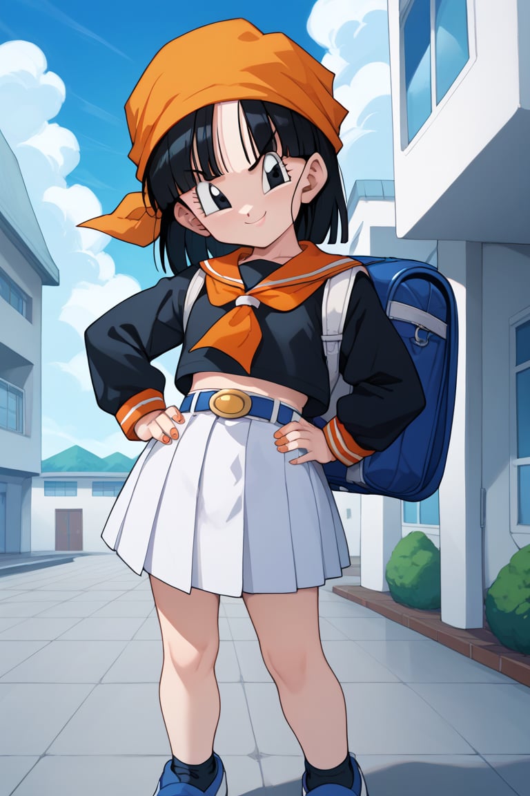 source_anime, score_9, score_8_up, score_7_up, anime screenshot, 8k, absurd resolution, pan \(dragon ball\), 1 girl, solo, looking at viewer, smile, 1 girl, pan, black hair, medium hair, black eyes, black shirt, long sleeves, sailor collar, school uniform, serafuku, white skirt, tomoeda school uniform, blue buruma, blue bag, from behind, black eyes, blue sky, hand on hip, backpack, cloudy sky, building, hands on waist, orange bandana, female child, blue shoes, closed hands, belt, bangs, nails, v-shaped eyebrows, sneakers