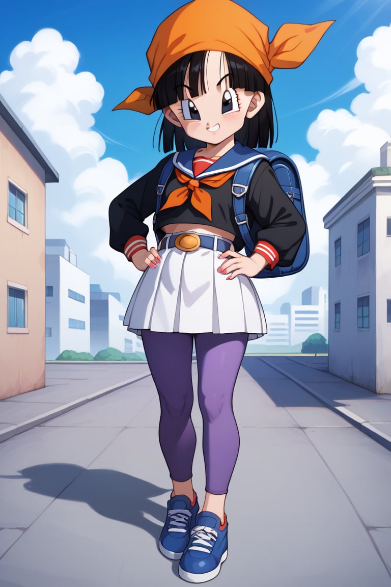 urce_anime, score_9, score_8_up, score_7_up, anime screenshot, 8k, absurd resolution, pan \(dragon ball\), 1 girl, solo, looking at viewer, smile, 1 girl, pan, black hair, medium hair, black eyes, black shirt, long sleeves, sailor collar, school uniform, serafuku, white skirt, tomoeda school uniform, blue buruma,, blue bag, from behind, black eyes, blue sky, hand on hip, chain, backpack, cloudy sky, jeans, building, red shirt, hands on waist, orange bandana, female child, blue shoes, closed hands, belt, bangs, nails, purple leggings, v-shaped eyebrows, sneakers