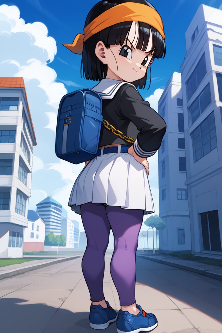 source_anime, score_9, score_8_up, score_7_up, anime screenshot, 8k, absurd resolution, pan \(dragon ball\), 1 girl, solo, looking at viewer, smile, 1 girl, pan, black hair, medium hair, black eyes, black shirt, long sleeves, sailor collar, school uniform, serafuku, white skirt, tomoeda school uniform, blue buruma, blue bag, from behind, black eyes, blue sky, hand on hip, chain, backpack, cloudy sky, building, hands on waist, orange headband, female child, blue shoes, closed hands, belt, bangs, nails, purple leggings, v-shaped eyebrows, sneakers