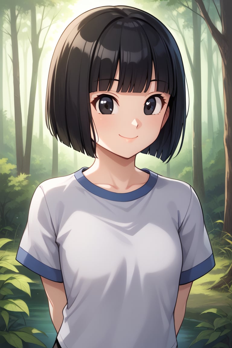 pan, 1girl, solo, black eyes, black hair, short hair, bob cut, blunt bangs,t-shirt, grey shirt, white shirt, raglan sleeves, short sleeves, black leggings,smile,closed mouth,cowboy shot,upper body,standing,hands behind back,forest,outdoor,(insanely detailed, beautiful detailed face, masterpiece, best quality) cinematic lighting,, 