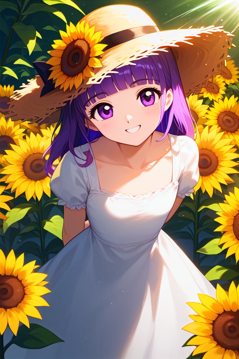 score_9, score_8_up, score_7_up, ,//characters, 1girl, furuderika_pony, purple hair, straight bangs, small chest, shiny skin, straw hat, white dress, short sleeves, ,//situations, sunflowers, flowers, summer, sunlight, vibrant colors ,//pose, sunflowers, flowers, summer, sunlight, vibrant colors, head tilted, soft smile, arms behind back, leaning forward, looking up, from above ,/LoRA, beautiful female fingers, (4 fingers and 1 thumb on the hand), (correct number of fingers), (perfect hands), perfect anatomy,