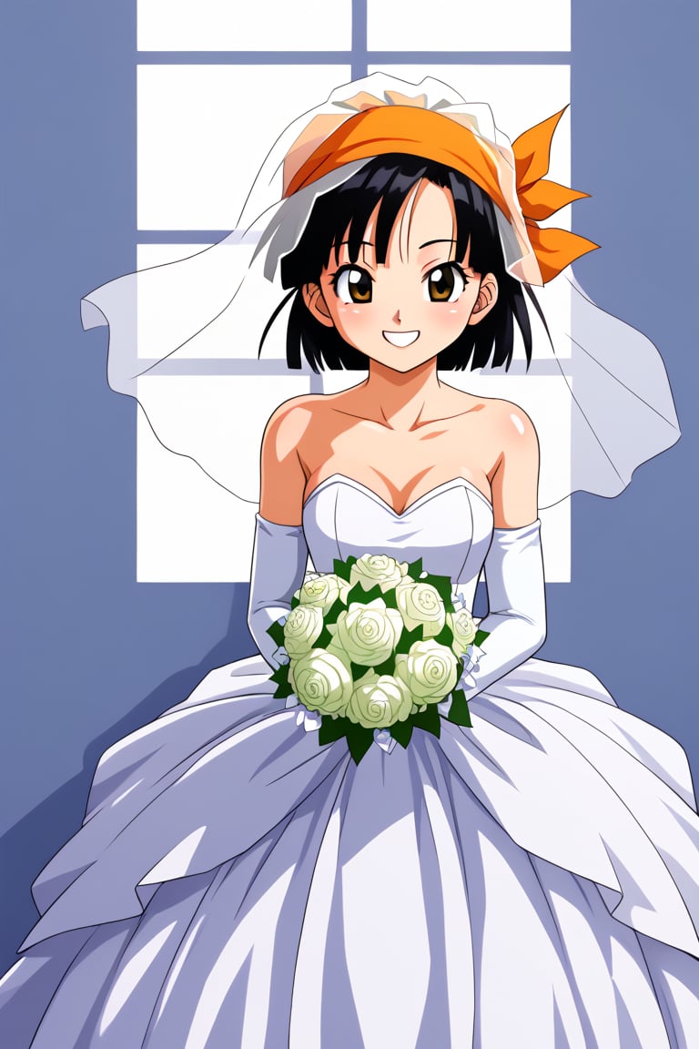 ((masterpiece,best quality)), absurdres, BREAK, , , zzPan, black hair, short hair, bandana, , BREAK, bride, wedding dress, bridal veil, strapless dress, elbow gloves, holding bouquet,, BREAK, solo, smile, looking at viewer, cowboy shot,