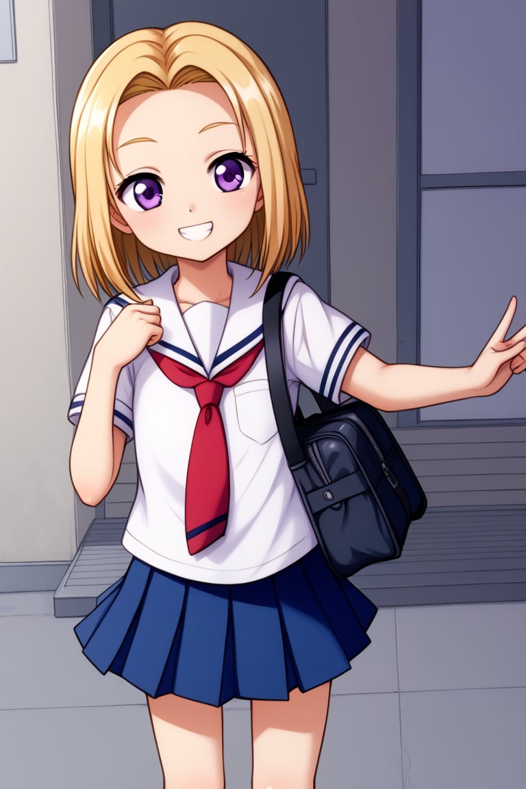 young girl, blond hair, purple eyes, large forehead, smile, school uniform, street