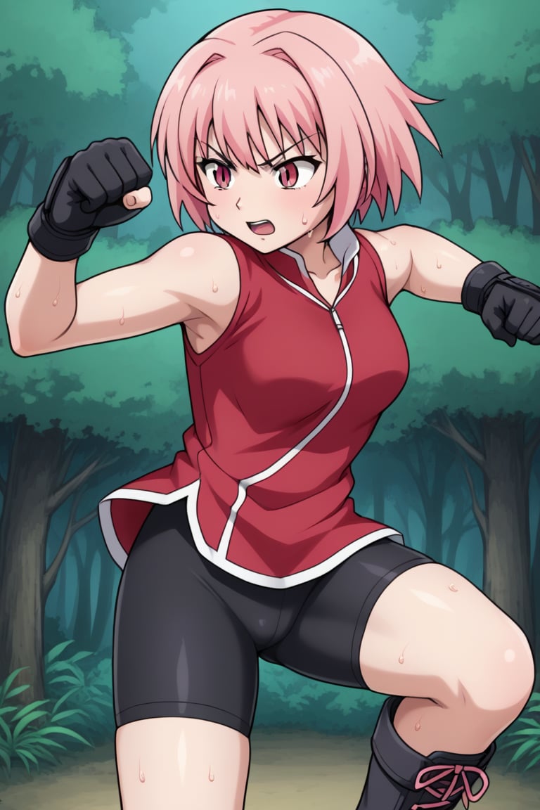 SakuraH , fighting stance , She wears bike shorts under miniskirt , pink miniskirt with slit , red shirt , sleeveless , pink elbow supporter , black gloves , pink hair , short hair , ( sheer ) , black boots , sweating , in a forest , ,