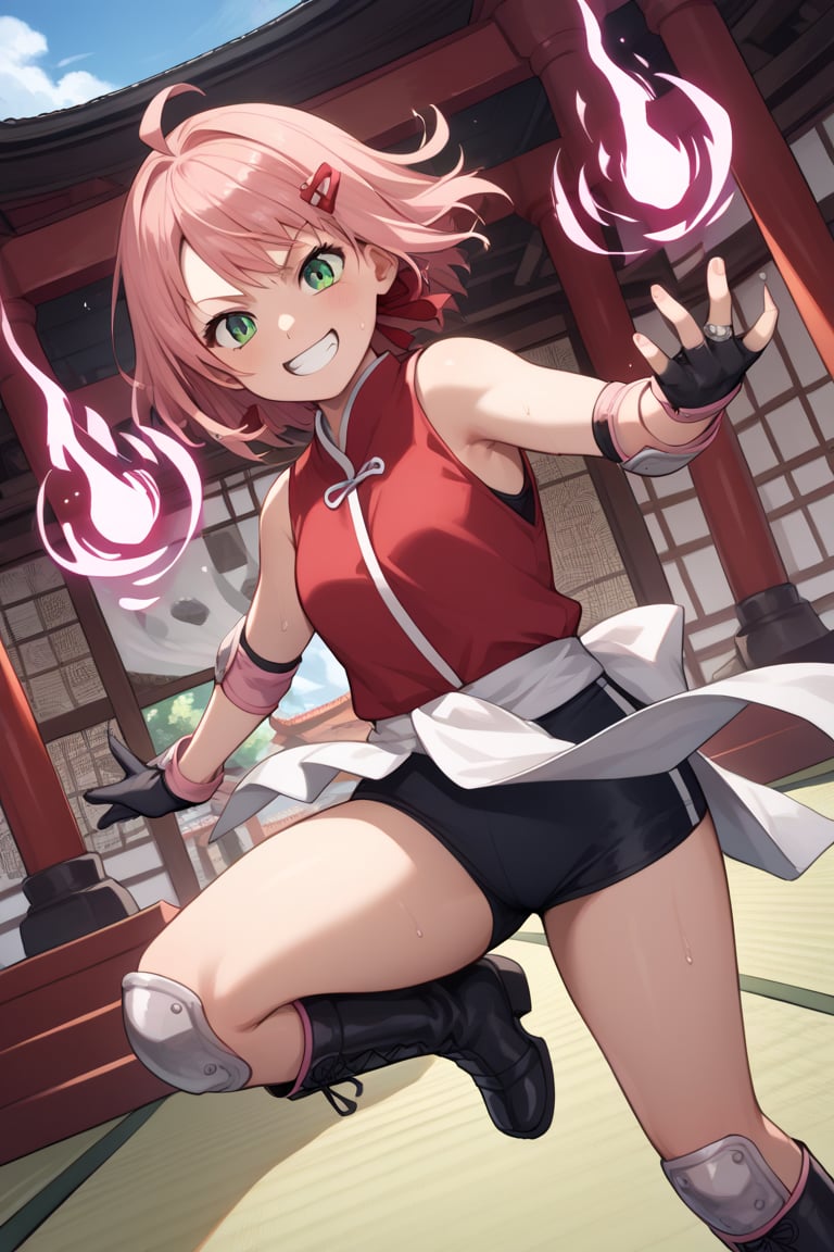 score_9, score_8_up, score_7_up, source_anime, 1 girl, Sakura Haruna, black buruma under miniskirt, pink miniskirt with slit, red shirt, sleeveless, pink elbow pads, black gloves, pink hair, medium hair, green eyes, black boots, sweating, ancient Japanese temple, moving walls, tatami-like area looking at viewer, evil grin, murderous gaze, ring, leg up, levitating, floating, fighting stance, magic in hand, aura of evil and red magic around her, cowboy shot, dutch angle, wide angle