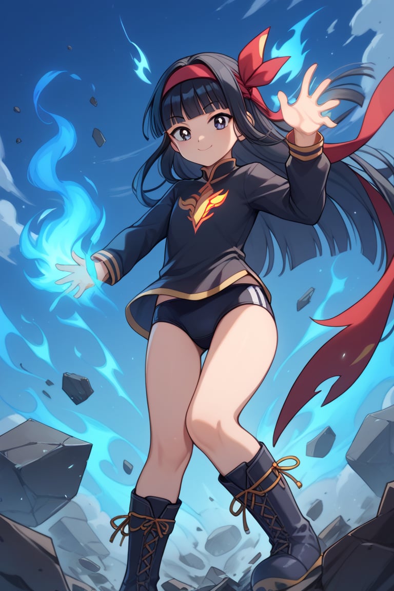 score_9,score_8_up,score_7_up,score_6_up,score_5_up,score_4_up,source_anime,pan,smile,closed mouth,long hair,blunt bangs,black hair,black eyes,red headband,black shirt,long sleeves,tight shirt,black buruma,thigh bandage,black boots,dark blue sky,big clouds,debris,debris in the air,glowing,glowing eyes,aura,blue energy,aura,juho shoshiken jutsu,blue energy in hands,blue fire,blue fire in hands,flaming eyes:0.8,RageModeV4XL,flaming eyes,eye trail