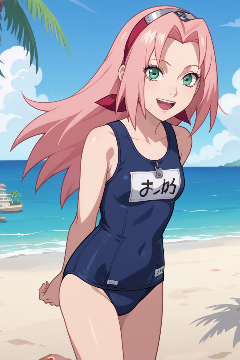 score_9, score_8_up,source_anime,1girl, haruno sakura, pink hair, long hair, green eyes,arms behind back, (onepiece school swimsuit), name tag, open mouth, smile, happy, solo, looking at viewer, sea, sand, blue sky, tropical island background, anime screencap, anime coloring 