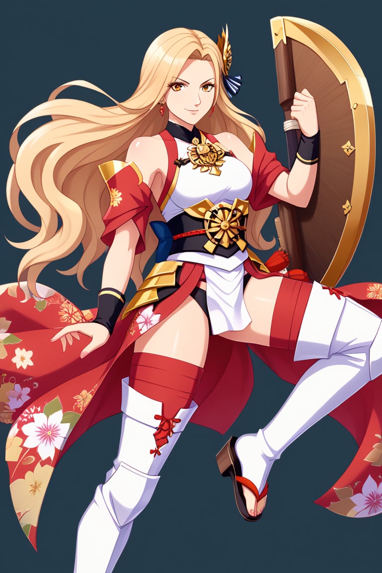 A character based on Kisara from Tales of Arise wearing a traditional Japanese-inspired outfit. She has long, flowing blonde hair with a confident expression, similar to her original style. The outfit is a fusion of floral kimono patterns and samurai armor, featuring a sleeveless top with intricate red accents and gold details. The character wears thigh-high boots with red sandals, and her look combines elegance and battle readiness. She holds a large, ornate shield and a mace, exuding strength and determination. The color scheme balances reds, golds, and floral designs, with a modern yet traditional aesthetic.