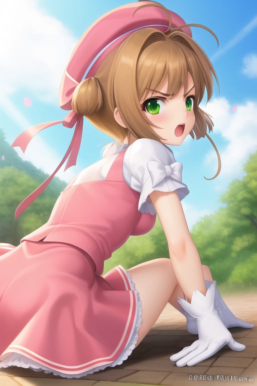 masterpiece, best quality, 1 girl, kinomoto sakura, antenna hair, brown hair, short hair, twintails, green eyes, magical girl, elbow gloves, pink hat, pink gloves, ruffled skirt, angry, upper body, solo, from behind, on all fours with hands on the floor, sticking her ass out, sexy position, looking at viewer, plain background