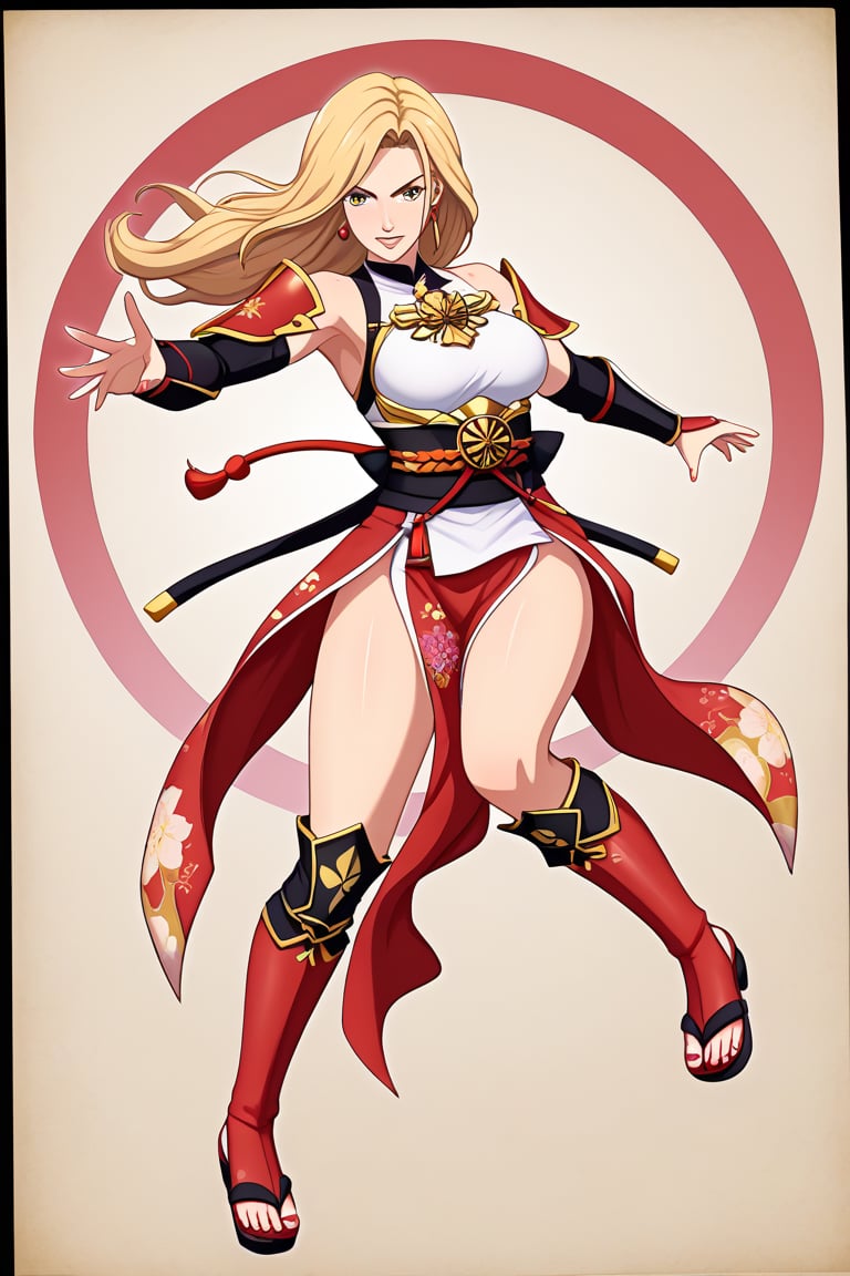 A character based on Kisara from Tales of Arise wearing a traditional Japanese-inspired outfit. She has long, flowing blonde hair with a confident expression, similar to her original style. The outfit is a fusion of floral kimono patterns and samurai armor, featuring a sleeveless top with intricate red detailing and gold accents. The character wears knee-high boots with red sandals, and her look combines elegance and battle-readiness, exuding strength and determination. The color scheme balances reds, golds, and floral designs, with a modern yet traditional aesthetic. in a combat stance, leaping to attack.