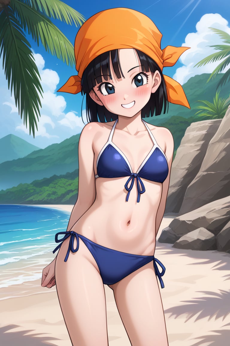 ((masterpiece,best quality)), absurdres, BREAK, , , zzPan, black hair, short hair, bandana, , BREAK, bikini, tropical beach, blush,, BREAK, solo, smile, looking at viewer, cowboy shot,