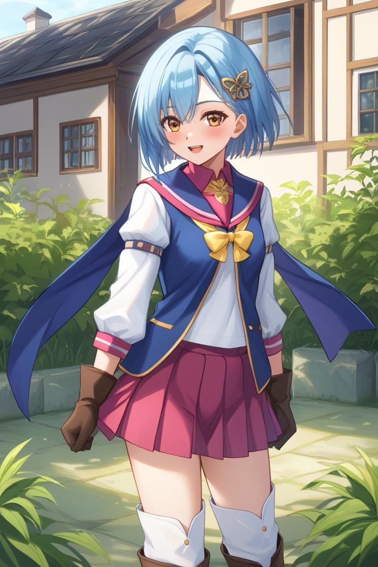  character resembling Rinwell from 'Tales of Arise' is wearing a long-sleeved black school uniform inspired by Sakura Kinomoto from 'Cardcaptor Sakura'. The uniform includes a sailor-style collar, a dark blue scarf, and a white pleated skirt with pink buruma. Rinwell's original gloves and boots are retained, matching her new school outfit, giving her a magical and modern schoolgirl look. She is in a suburban anime-style setting with soft lighting, surrounded by houses and greenery, creating a peaceful yet fantastical scene."