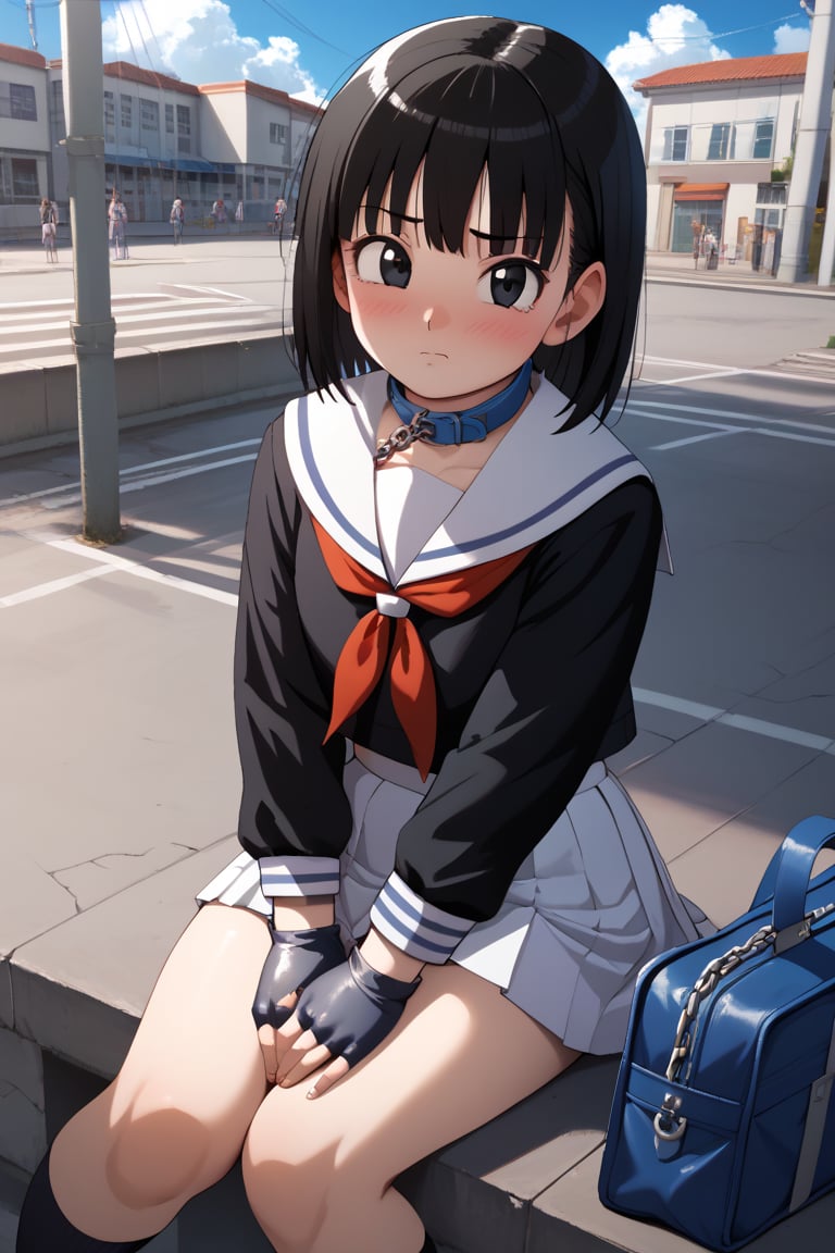 score_9, score_8_up, score_7_up, score_9,4k, HD, 8k, high resolution, antialiasing, texture, BREAK, panSDXL, 1 girl, solo, looking at viewer, blush,1 girl, pan, black hair, medium hair, black eyes, black shirt, long sleeves, sailor collar, school uniform, serafuku, white skirt, tomoeda school uniform, blue buruma, blue bag, cloud, fingerless gloves, black eyes, chain, cowboy photo, street background, sitting,