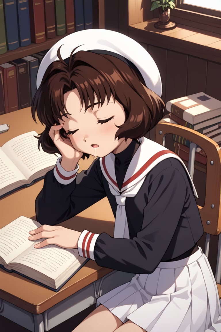 score_9, score_8_up, score_7_up, ,//RikaSasaki, 1990s style, brown hair, short hair, bob cut, brown eyes, flat chest, tiny body, school uniform, black blouse, white sailor collar, white skirt, short skirt, hat, white hat ,//situations, lLibrary ,//pose, sitting in a chair, putting his face on the desk, reading a book, sleeping, drooling ,/LoRA, beautiful_female_fingers, (4_fingers and 1thumb on hand), (correct number of fingers), (beautiful hands), perfect anatomy,