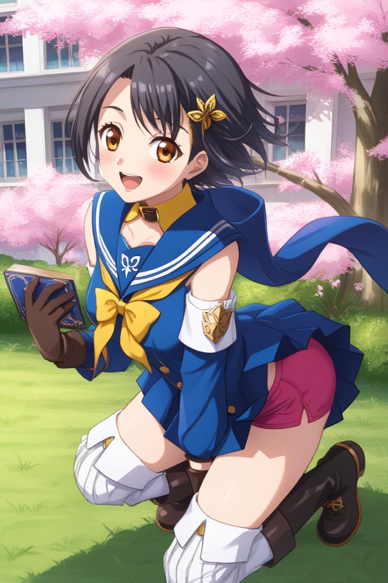  character resembling Rinwell from 'Tales of Arise' is wearing a long-sleeved black school uniform inspired by Sakura Kinomoto from 'Cardcaptor Sakura'. The uniform includes a sailor-style collar, a dark blue scarf, and a white pleated skirt with pink buruma. Rinwell's original gloves and boots are retained, matching her new school outfit, giving her a magical and modern schoolgirl look. She is in a suburban anime-style setting with soft lighting, surrounded by houses and greenery, creating a peaceful yet fantastical scene."