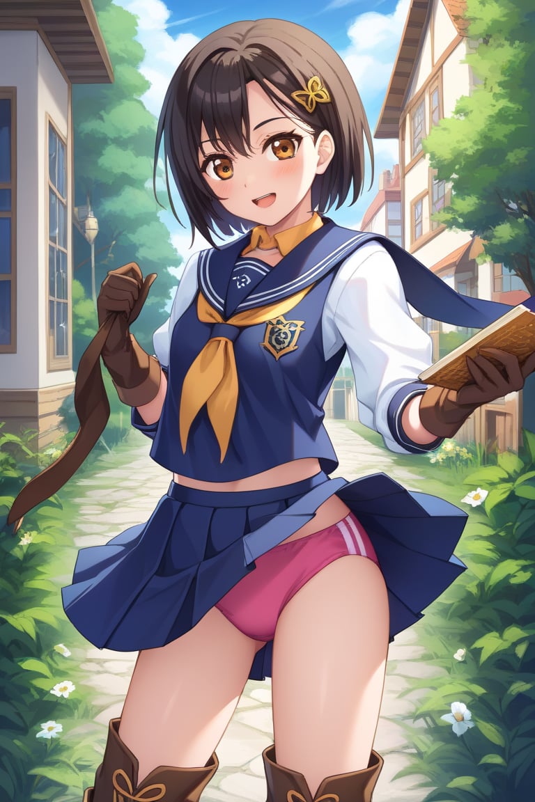 A character resembling Rinwell from 'Tales of Arise' is wearing a long-sleeved black school uniform inspired by Sakura Kinomoto from 'Cardcaptor Sakura'. The uniform includes a sailor-style collar, a dark blue scarf, and a white pleated skirt with pink buruma. Rinwell's original gloves and boots are retained, matching her new school outfit, giving her a magical and modern schoolgirl look. She is in a suburban anime-style setting with soft lighting, surrounded by houses and greenery, creating a peaceful yet fantastical scene."