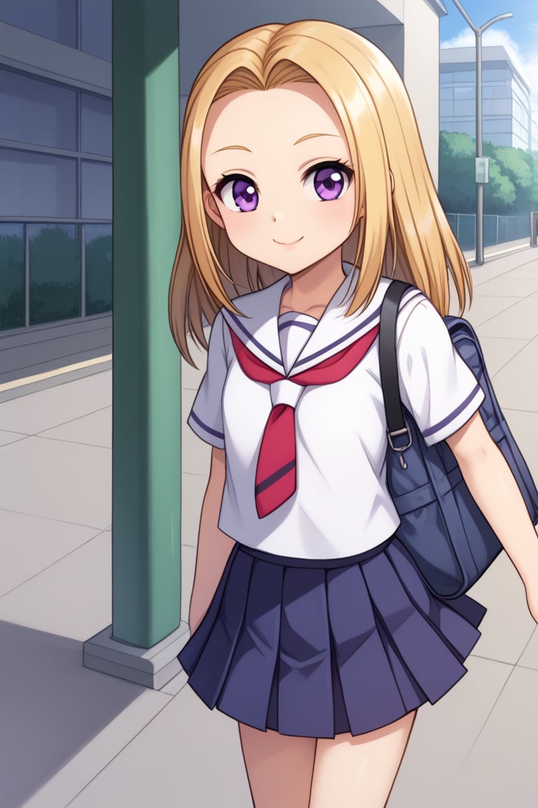 young girl, blond hair, purple eyes, large forehead, smile, school uniform, street