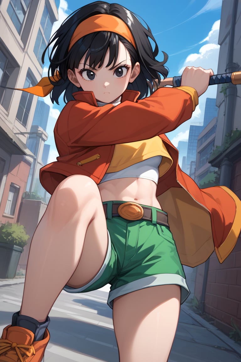 score_9, score_8_up, score_7_up, source_anime, pan, 1girl, solo, black eyes, black hair, medium hair, bangs, orange headband, crop top, turtleneck, red jacket, short jacket, green shorts, belt, outdoors, cityscape, looking at viewer, streets, leg up, leg half raised, fighting stance, cowboy shot, dutch angle,