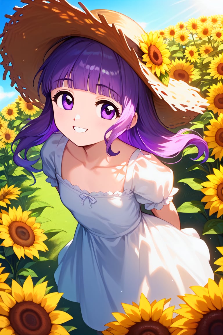 score_9, score_8_up, score_7_up, ,//characters, 1girl, furuderika_pony, purple hair, straight bangs, small chest, shiny skin, straw hat, white dress, short sleeves, ,//situations, sunflowers, flowers, summer, sunlight, vibrant colors ,//pose, sunflowers, flowers, summer, sunlight, vibrant colors, head tilted, soft smile, arms behind back, leaning forward, looking up, from above ,/LoRA, beautiful female fingers, (4 fingers and 1 thumb on the hand), (correct number of fingers), (perfect hands), perfect anatomy,