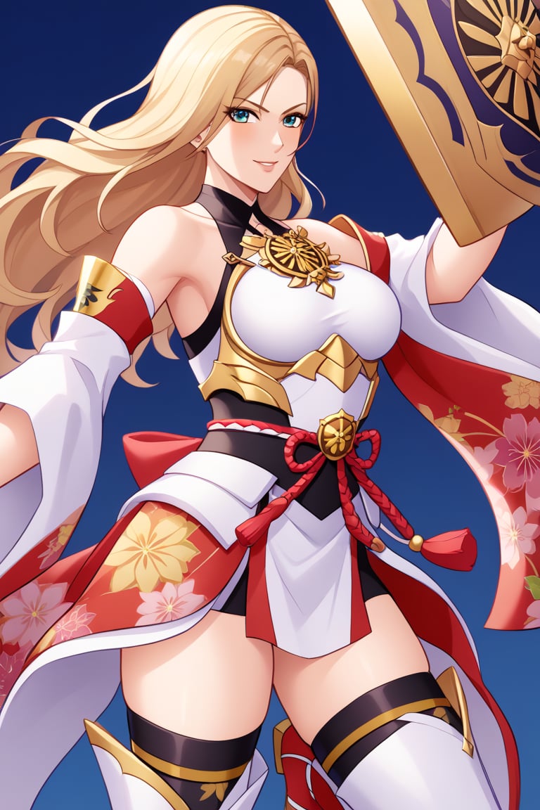 A character based on Kisara from Tales of Arise wearing a traditional Japanese-inspired outfit. She has long, flowing blonde hair with a confident expression, similar to her original style. The outfit is a fusion of floral kimono patterns and samurai armor, featuring a sleeveless top with intricate red accents and gold details. The character wears thigh-high boots with red sandals, and her look combines elegance and battle readiness. She holds a large, ornate shield and a mace, exuding strength and determination. The color scheme balances reds, golds, and floral designs, with a modern yet traditional aesthetic.