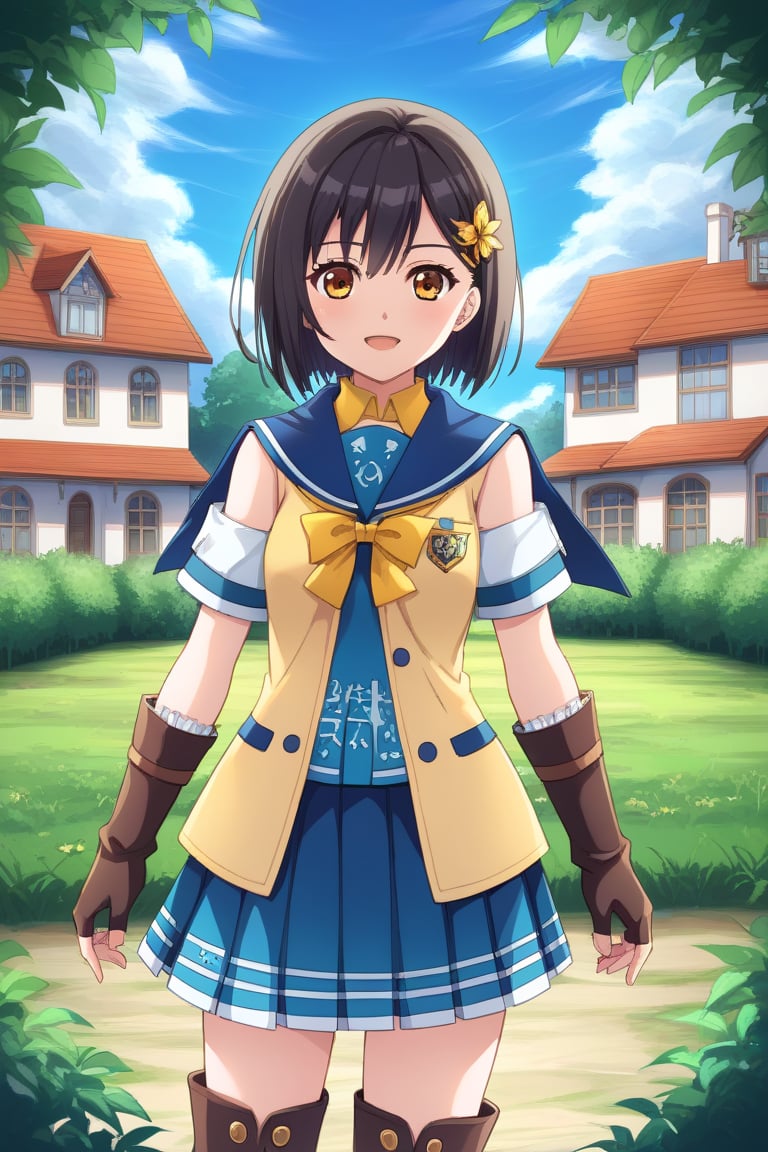 A character resembling Rinwell from 'Tales of Arise' is wearing a long-sleeved black school uniform inspired by Sakura Kinomoto from 'Cardcaptor Sakura'. The uniform includes a sailor-style collar, a dark blue scarf, and a white pleated skirt. Rinwell's original gloves and boots are retained, matching her new school outfit, giving her a magical and modern schoolgirl look. She is in an anime-style suburban setting with soft lighting, surrounded by houses and greenery, creating a peaceful yet fantastical scene."